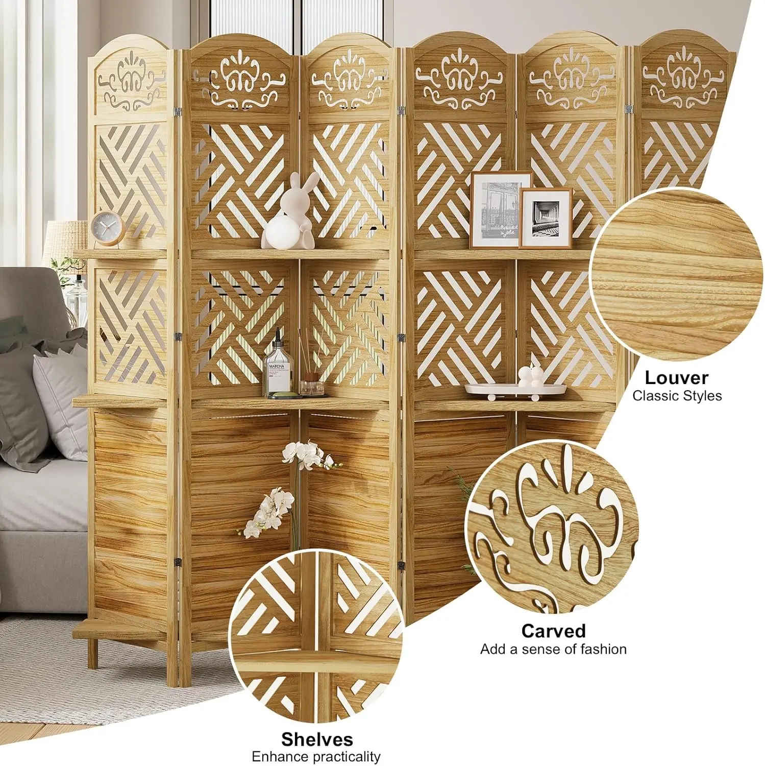 Divisorio pieghevole da 5,75 piedi con ripiani, 6 pannelli, schermo intagliato in legno naturale