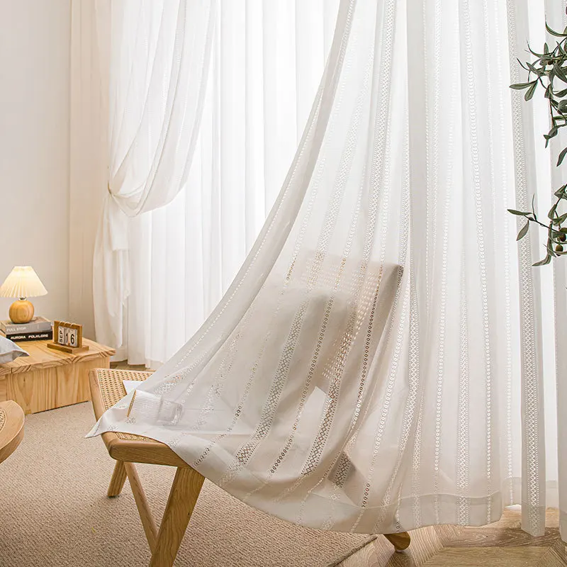 Japanese Simple Hollow Lace Translucent Window Screen Bedroom Living Room White Tulle Custom Size Sheer Fashion Modern Decor 4
