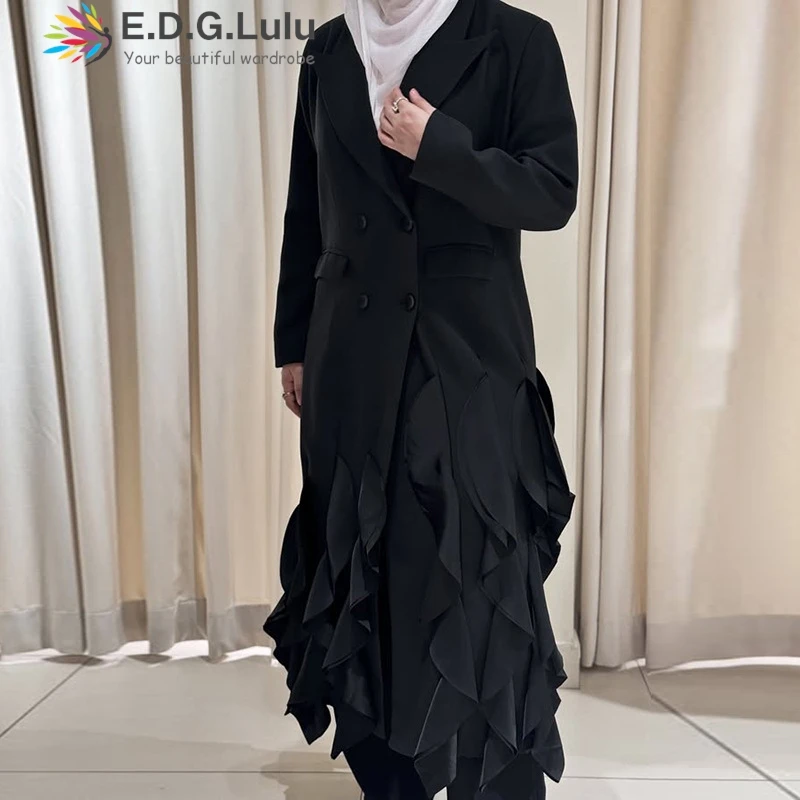 

EDGLuLu 2025 New Design Splicing Ruffle Looselong Trench Coat Women's Fashion Casual Wear Windbreaker Jacket 0810