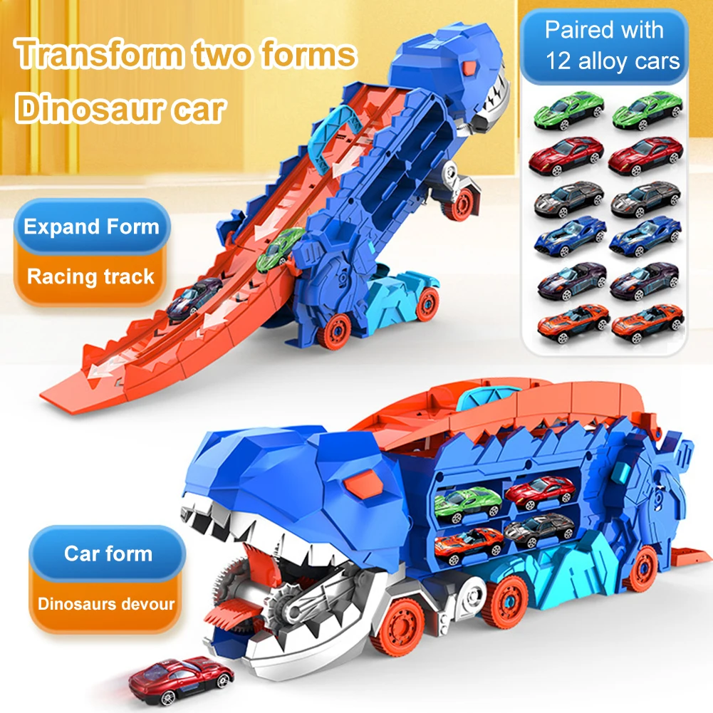 Folding Dinosaur Transporter Car Toys Transforms Into Stomping Dinosaur Sliding Race Track Dinosaur Transporter Truck Kids Gifts