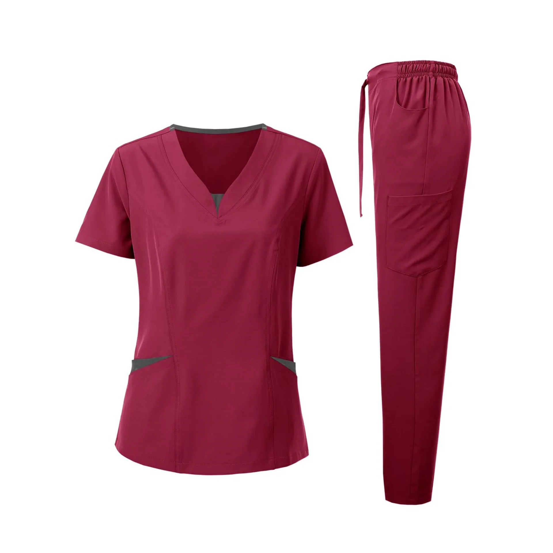 Contrast Patch V Neck Short Sleeve Scrub Top Stretch Breathable Nurse Uniform Medical Doctor Clinic Beauty Pet Salon Work Wear