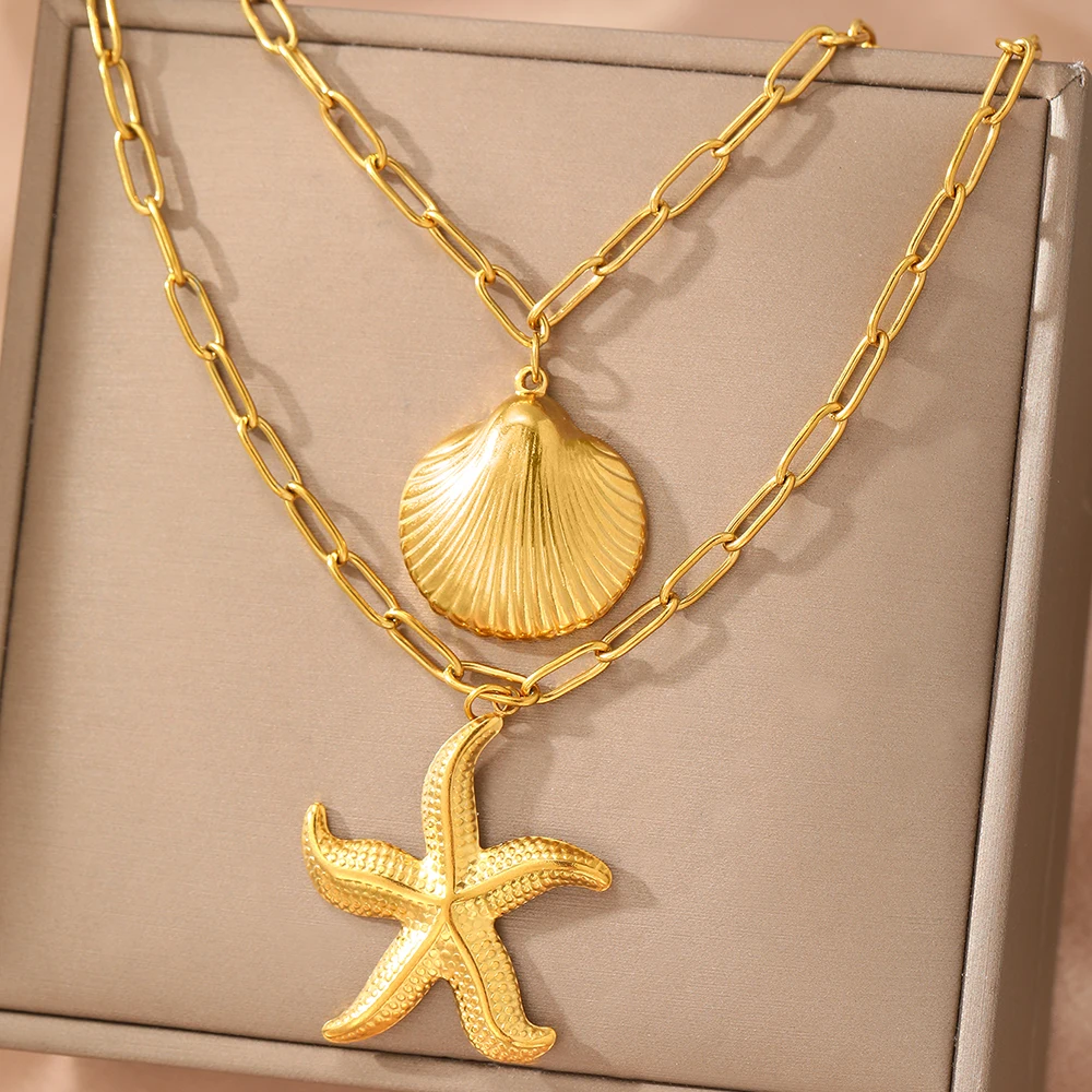 Stainless steel necklace summer beach shell starfish double layered pendant collarbone chain ladies romantic temperament jewelry