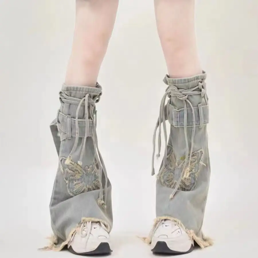 Retro Old Butterfly Leg Cover Denim Girl Buckle Strap Flared Leg Covers Y2k Streetwear