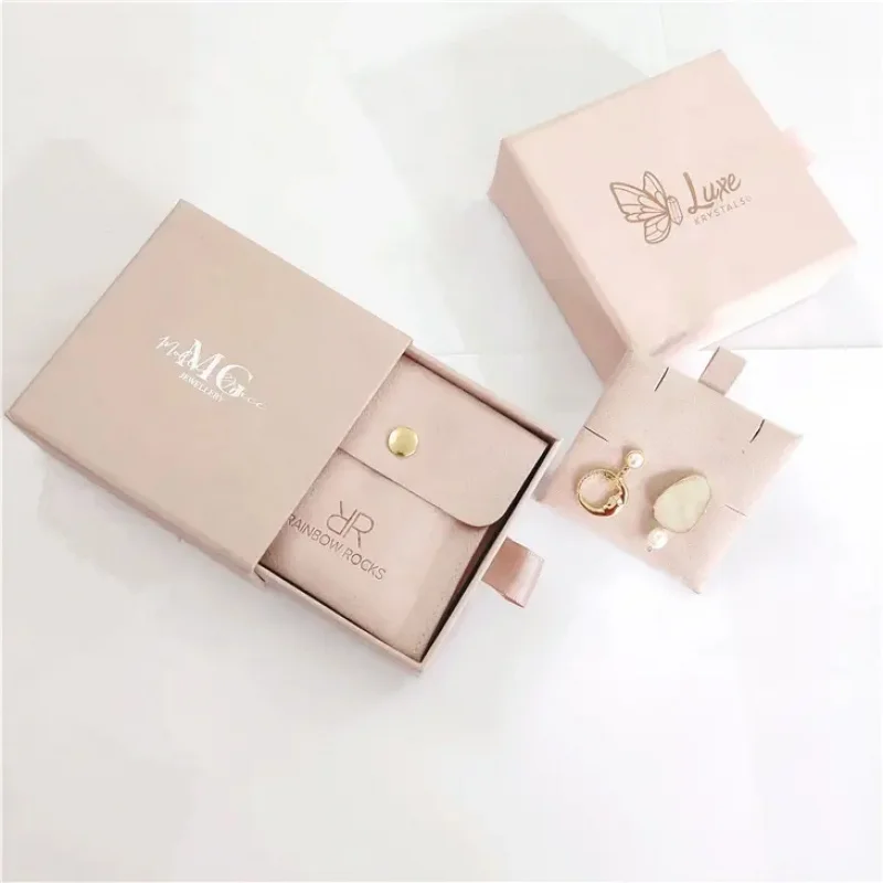 custom.Custom Luxury Necklace Bracelet  Earring Packaging Jewelry Box with Pouch Snap Button Microfiber Pouch and Inert