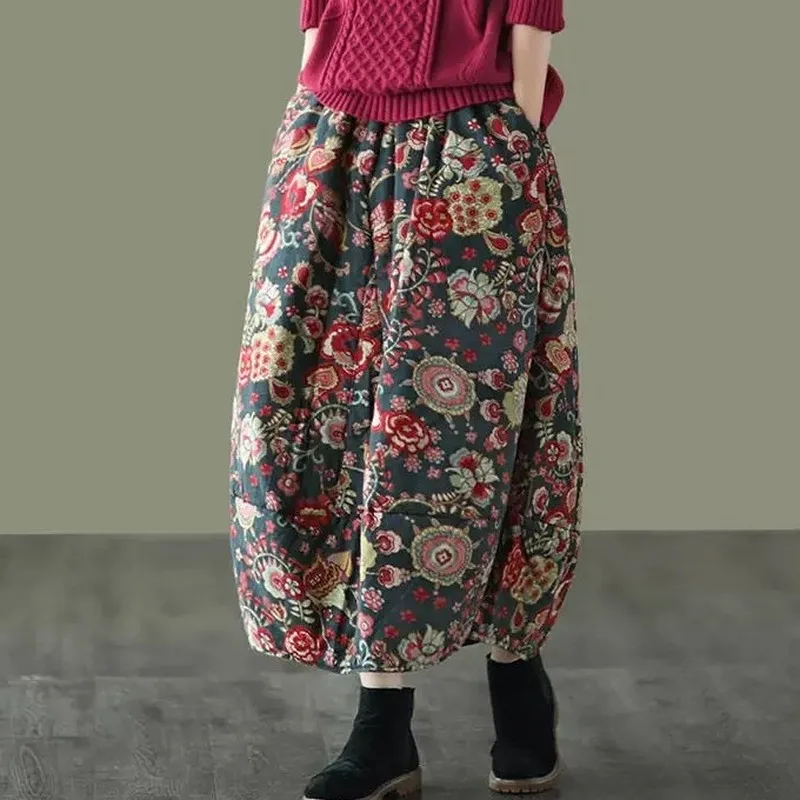 

Winter New Retro Artistic Print Cotton Linen Thiened Warm Mid-Length Skirt Elastic Waist A-Line Skirt Ladies Commute Sle