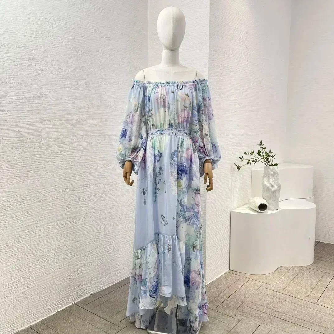 

Silk Floral Print Lantern Sleeve Off The Shoulder Women Casual 2024 New Spring Summer Top Quality Long Dress for Holiday