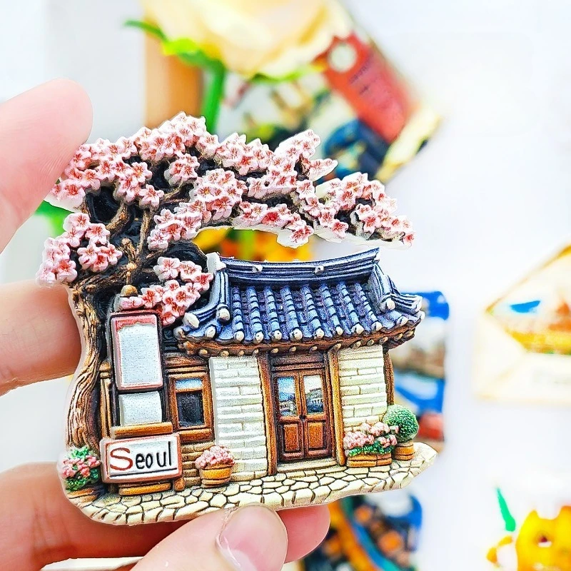 مغناطيس ثلاجة قرية سيول هانوك - تذكار منزلي كوري ثلاثي الأبعاد لتزيين السقف المطلي باللون الأزرق هدية آسيا فريدة من نوعها