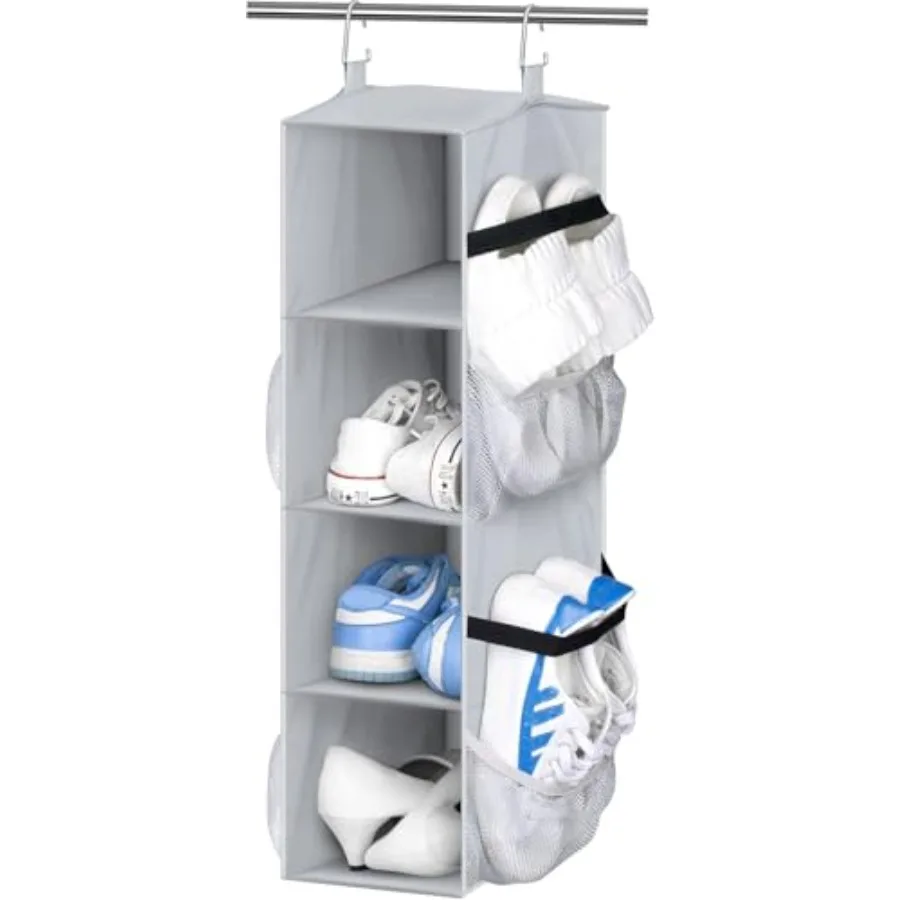 

Short Hanging Shoe Organizer for Closet Storage with Mesh Side Pockets Holds 8 Pairs Hanging Shoe Rack Hanger RV Camper Grey
