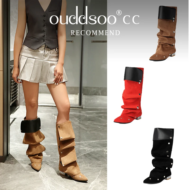 

Ods Pleated Wave Frosted Leather Material Rivet Fashion Knee High Boots Pointed Ultra Hollow Shaped Heels Sexy Boots Red 4145 48