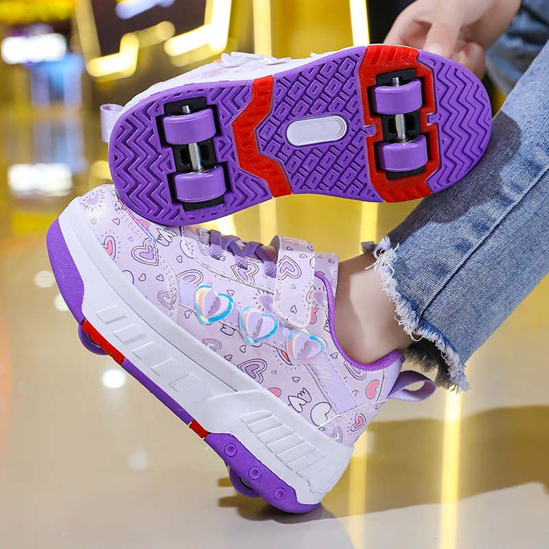 Children's Skateboard Shoes Walking Rolling Dual-Use Comfortable Wear-resistant Outdoor Roller Skate Sneakers Girls Boys 4 Wheel