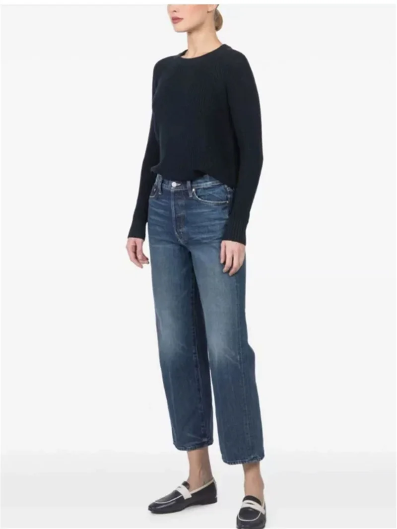 Ladies High Waist Letter Pocket Slimming Denim Pants 2026 Autumn New Women's Slimming Retro Ankle-Length Jeans