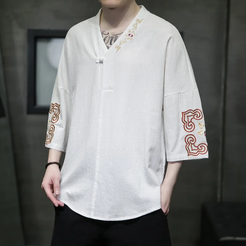 Japanese Shirt Kimono Yukata Retro V-neck Embroidered T-shirt Men\'s Hip Hop M-6XL 2023 Spring and Summer New Men\'s Shirt Tops