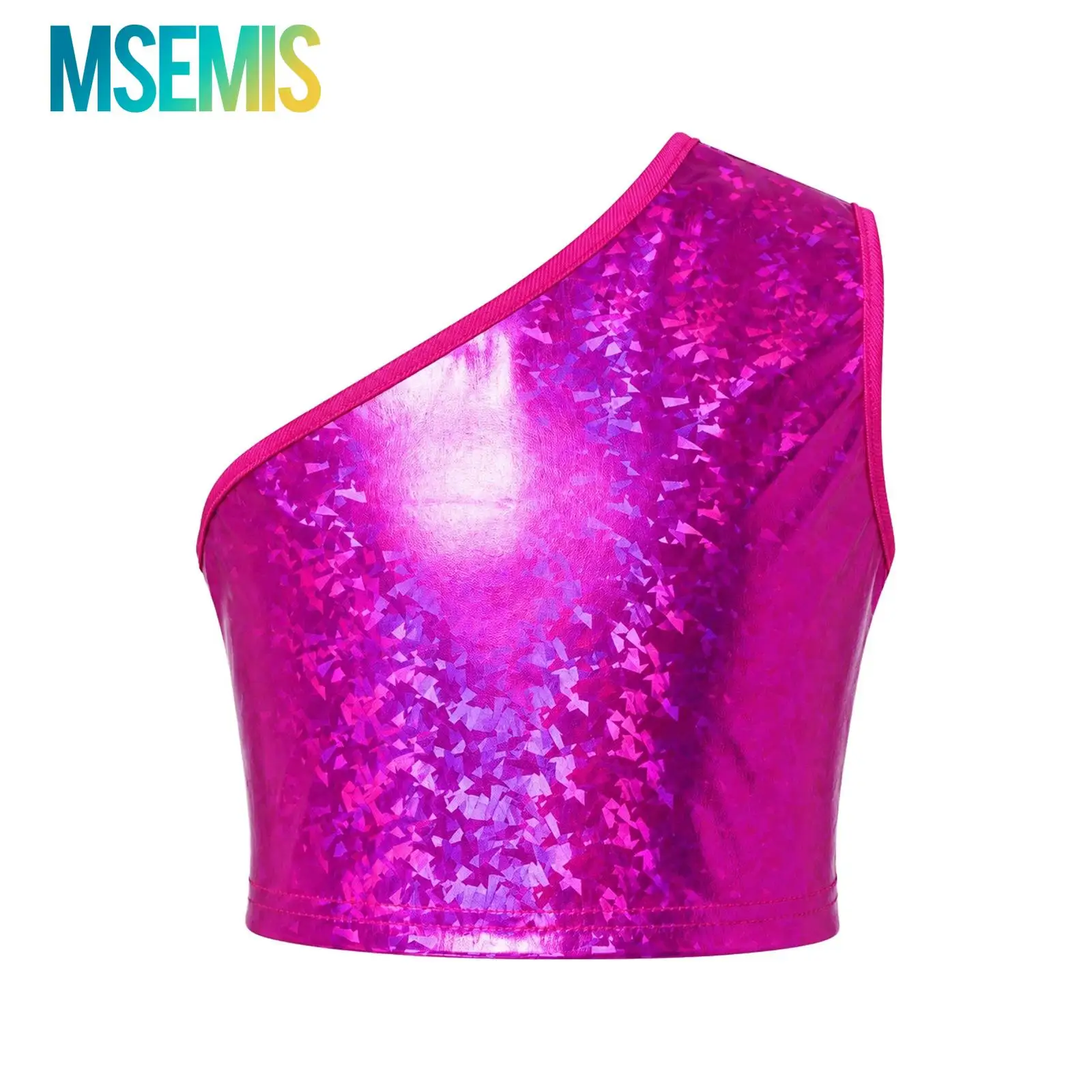 Kids Boys Sleeveless Shiny Crop Vest Girls Hip Hop Jazz Dance Tops One-shoulder Metallic Crop Top Jazz Dance Performance Costume
