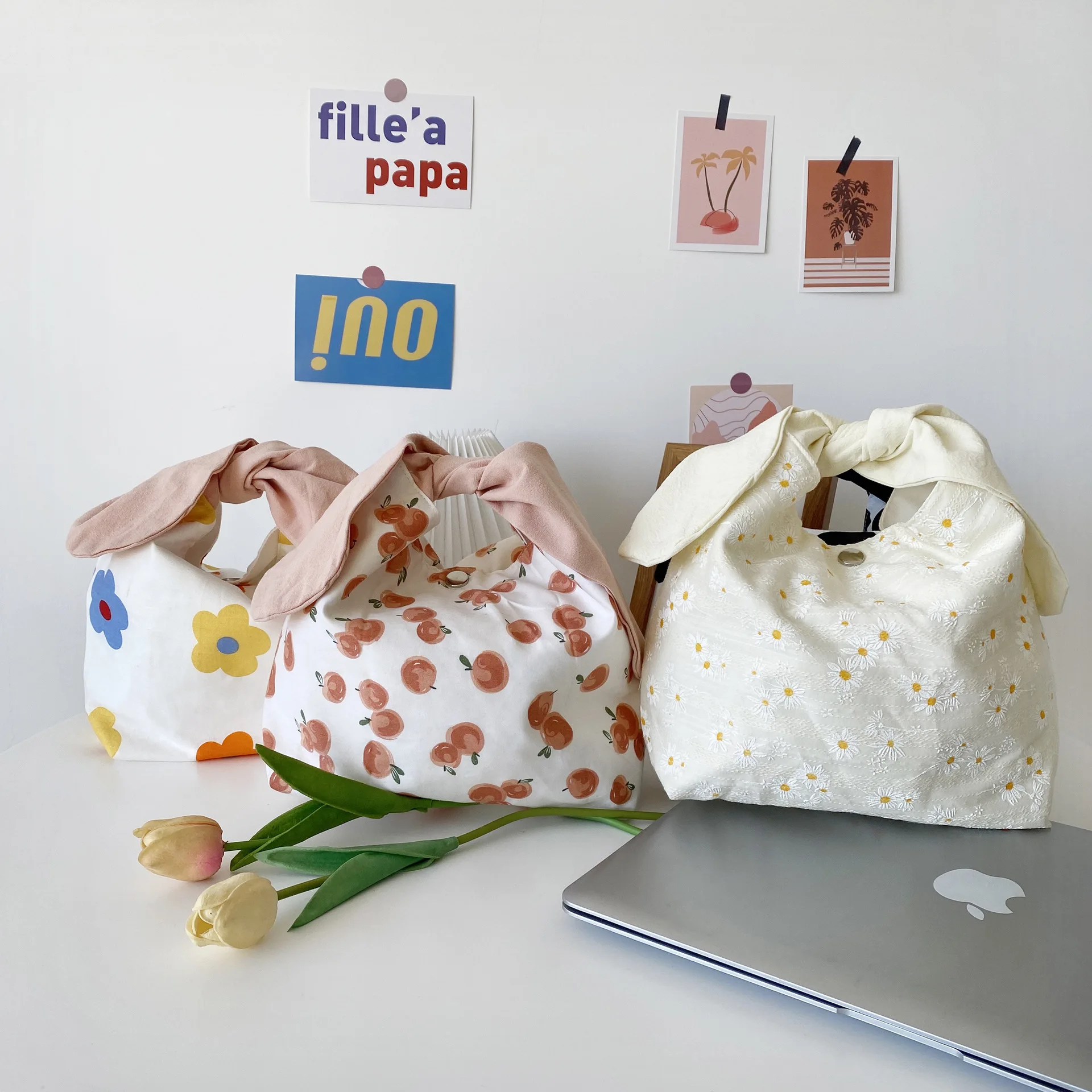 New Lunch Bag Women Ins Rabbit Ears Fold Bow Handbags Japanese Cute Office Worker Convenient Lunch Box Tote Food Bags