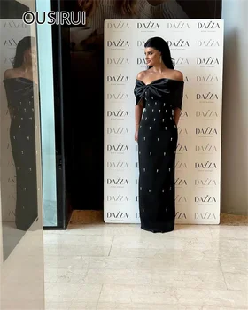OUSIRUI Siyah Tekne Yaka Saten Boncuklu İnciler Balo Parti Elbise Kılıf Backless Uzun balo elbisesi Gelin Özel robe de mariée