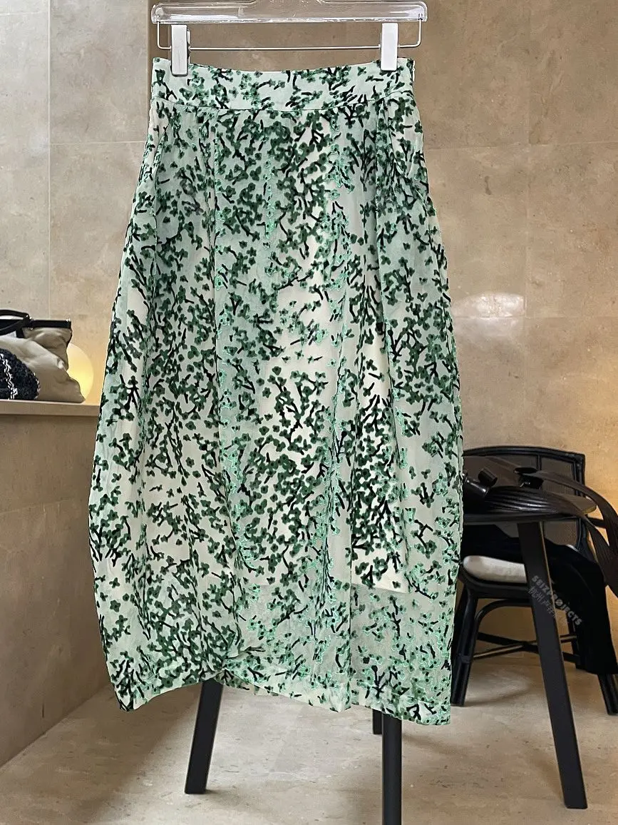 

Spring Summer New Retro Flocking Floral Cocoon Loose Three-Dimensional Pleated Bud Skirt Long Skirts Female Skirts Mujer