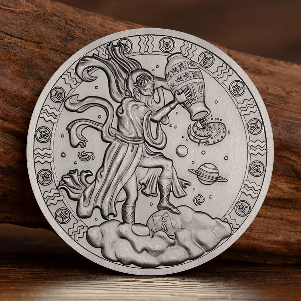 Moneda conmemorativa de plata antigua, 12 signos del zodiaco, moneda conmemorativa de la suerte, medalla del Acuario