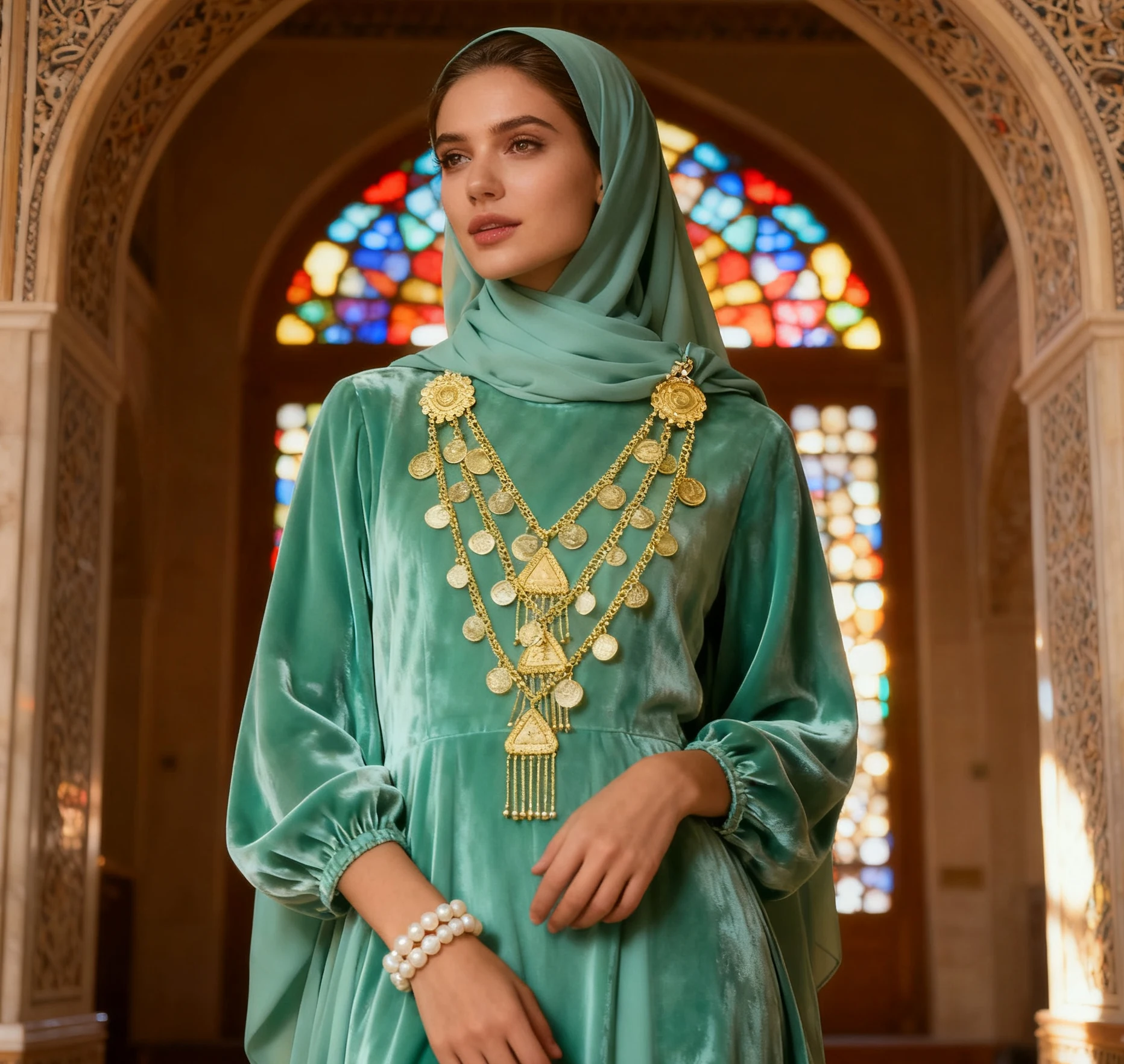 

Vintage-style personalized Middle Eastern ethnic multi-layer coin triangular tassel pendant with floral pattern brooch jewelry