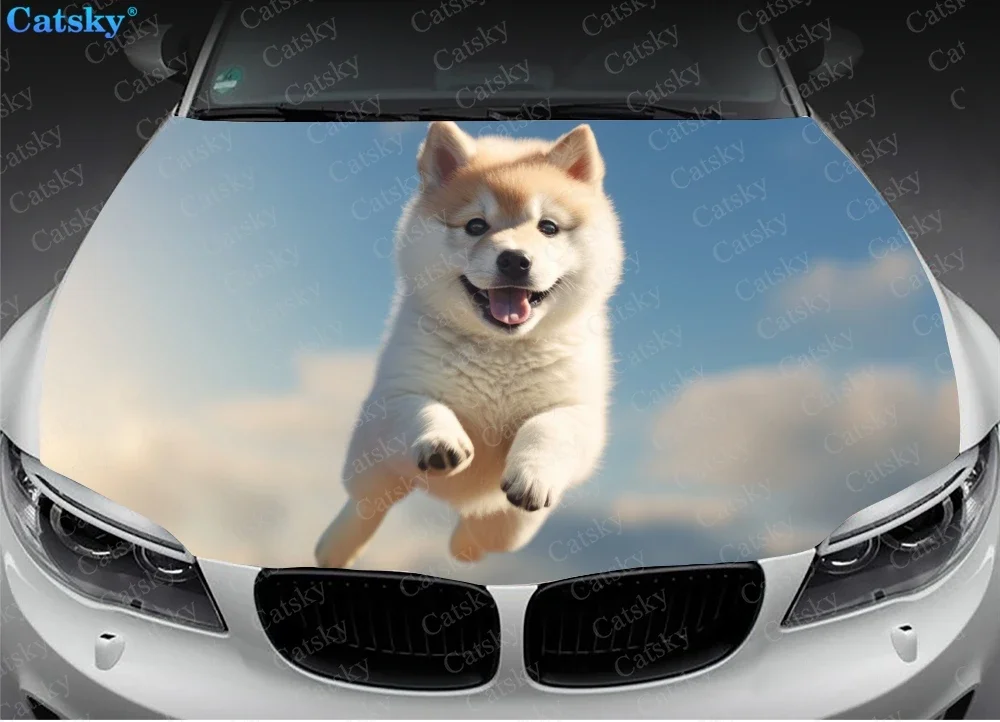 Cute Dog with Blue Sky Car Hood Vinyl Stickers Wrap Vinyl Film Engine Cover Decals Sticker Universal Car Hood Protective Film