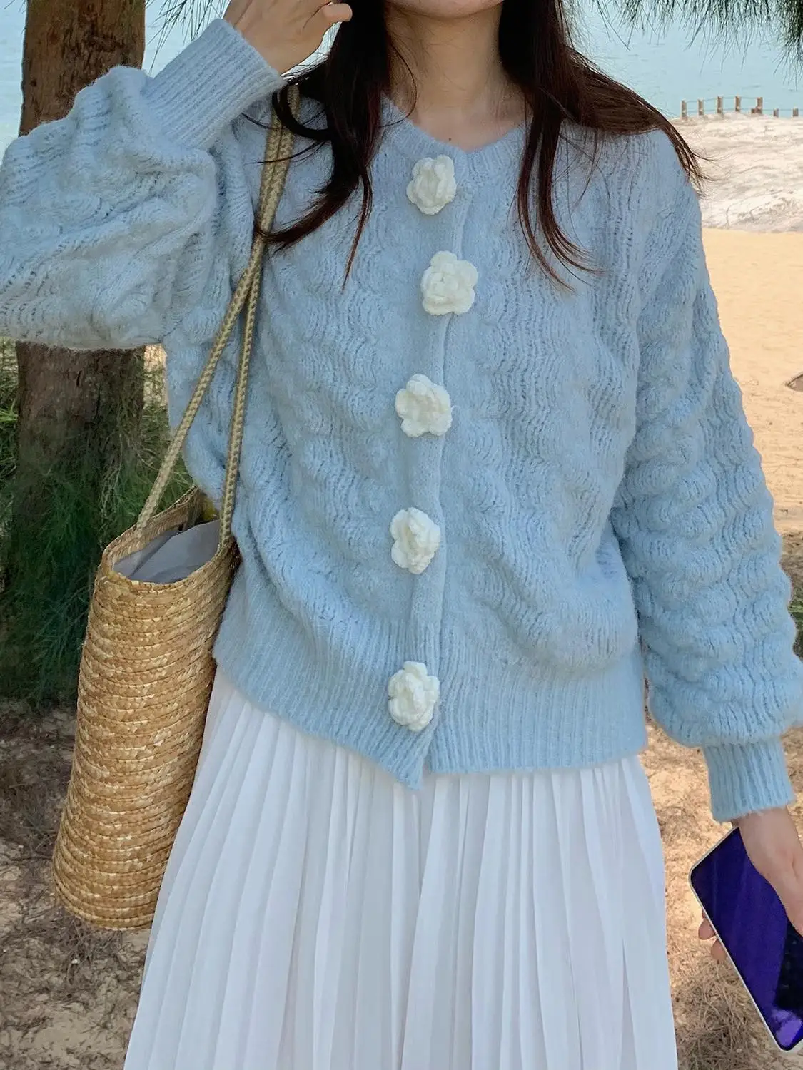 

Женский зимний вязаный кардиган Wenwen Fan Girl Flower Wi с круглым вырезом, свободного кроя, с длинными рукавами, синий, в стиле свитера-жакета