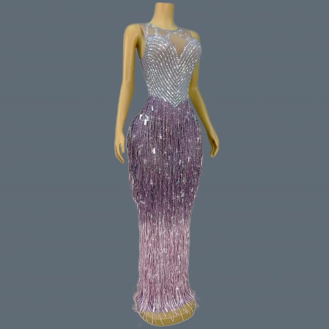 High-end Prom Long Dress Women Sparkly Rhinestone Tassel Evening Gown Birthday Night Party Festival Celebrate Sexy Dress Piaoliu