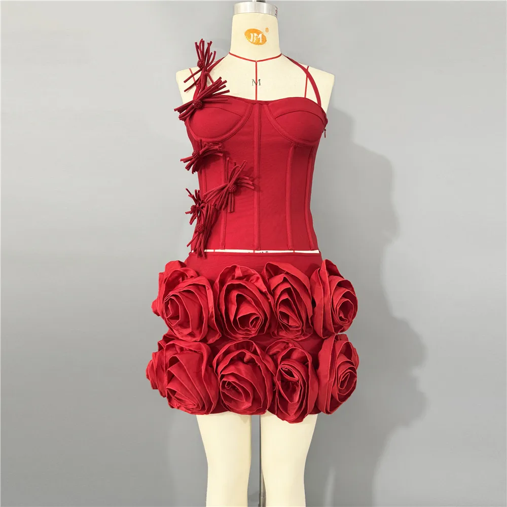 Set di fasciatura per abiti da festa in due pezzi con gonna a fiori tridimensionale europea e americana sexy con lacci sul collo