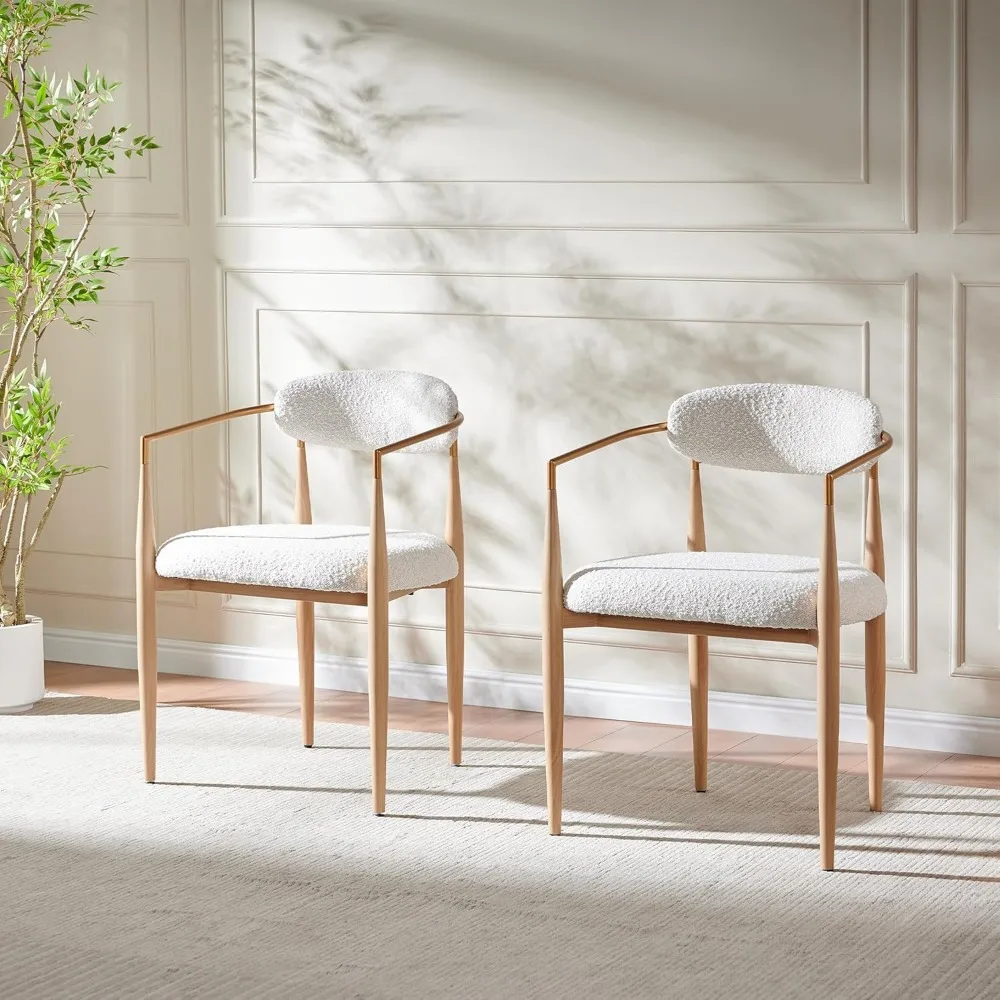 

Modern Upholstered Dining Chairs Set of 2, White Boucle Dining Chairs with Arm and Wood Grain Legs for Kitchen