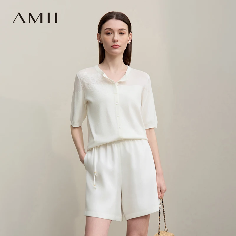 

Amii Women's Cardigan 2026 Summer New O- Neck Knit Lace Patchwork Top Elegant Office Short Sleeve Open Front Sweater 12622065