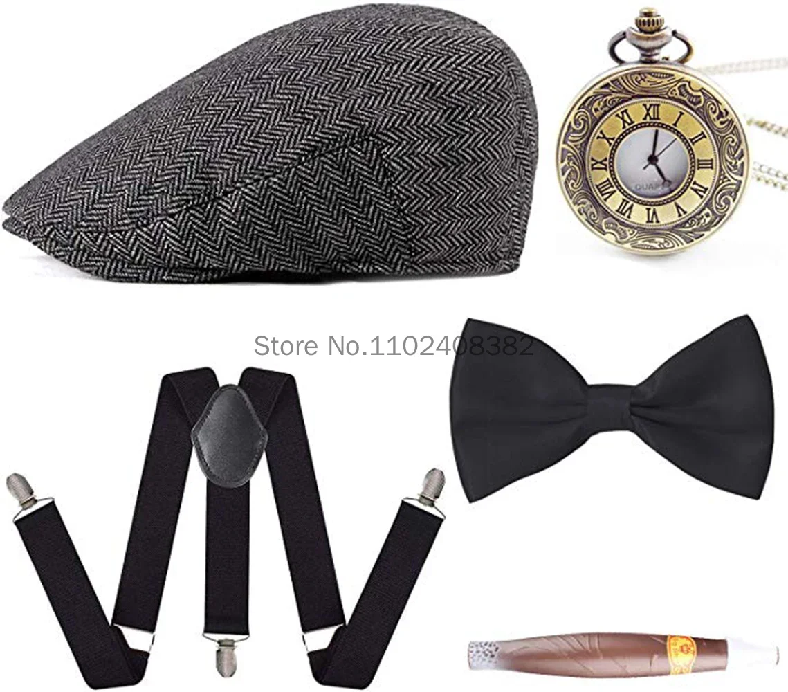 Drop Shipping 1920s Mens Gatsby Gangster Costume Accessories Set Panama Manhattan Fedora Suspenders Bow Tie Cigar