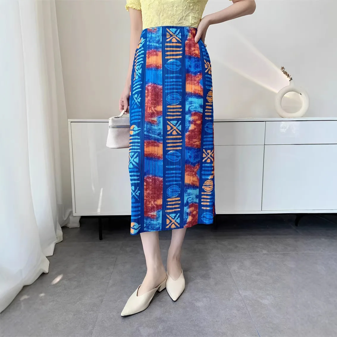 

Miyake Pleated Skirt Women's 2026 Summer New Digital Print Skirt Retro High Waist Mid-length A-line Skirt