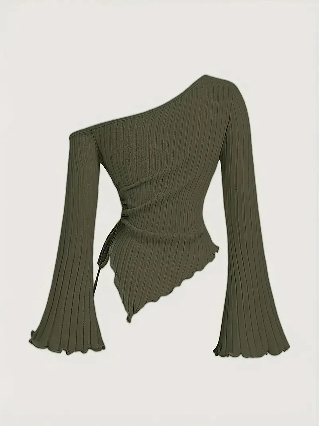 2026 NewWomen's Elegant One Shoulder T-Shirt Asymmetrical Side Drawstring Fashion Bell Sleeve T-shirt