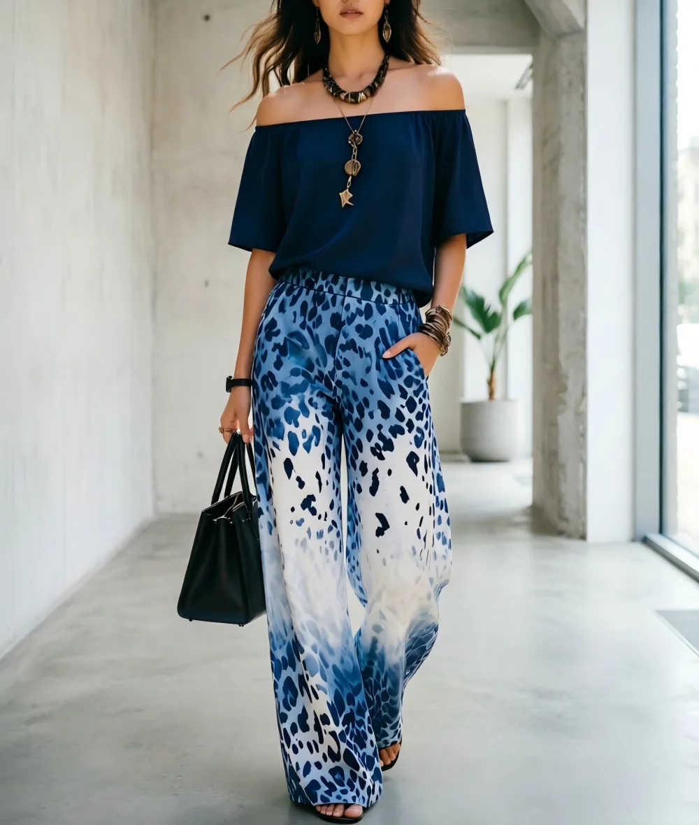 Women Summer 2 Piece Outfit Off Shoulder Crop Top Gradient Leopard Print Wide Leg Pants Fashion Matching Two Piece Set