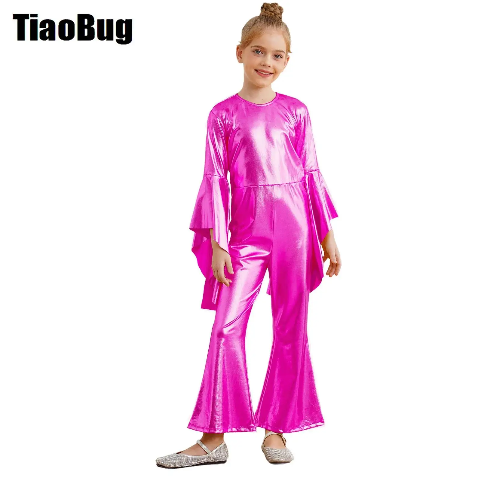 

Kids Girls Bell-Bottom Jumpsuits Metallic Round Neck Flare Sleeve Rompers Stage Performance Costume