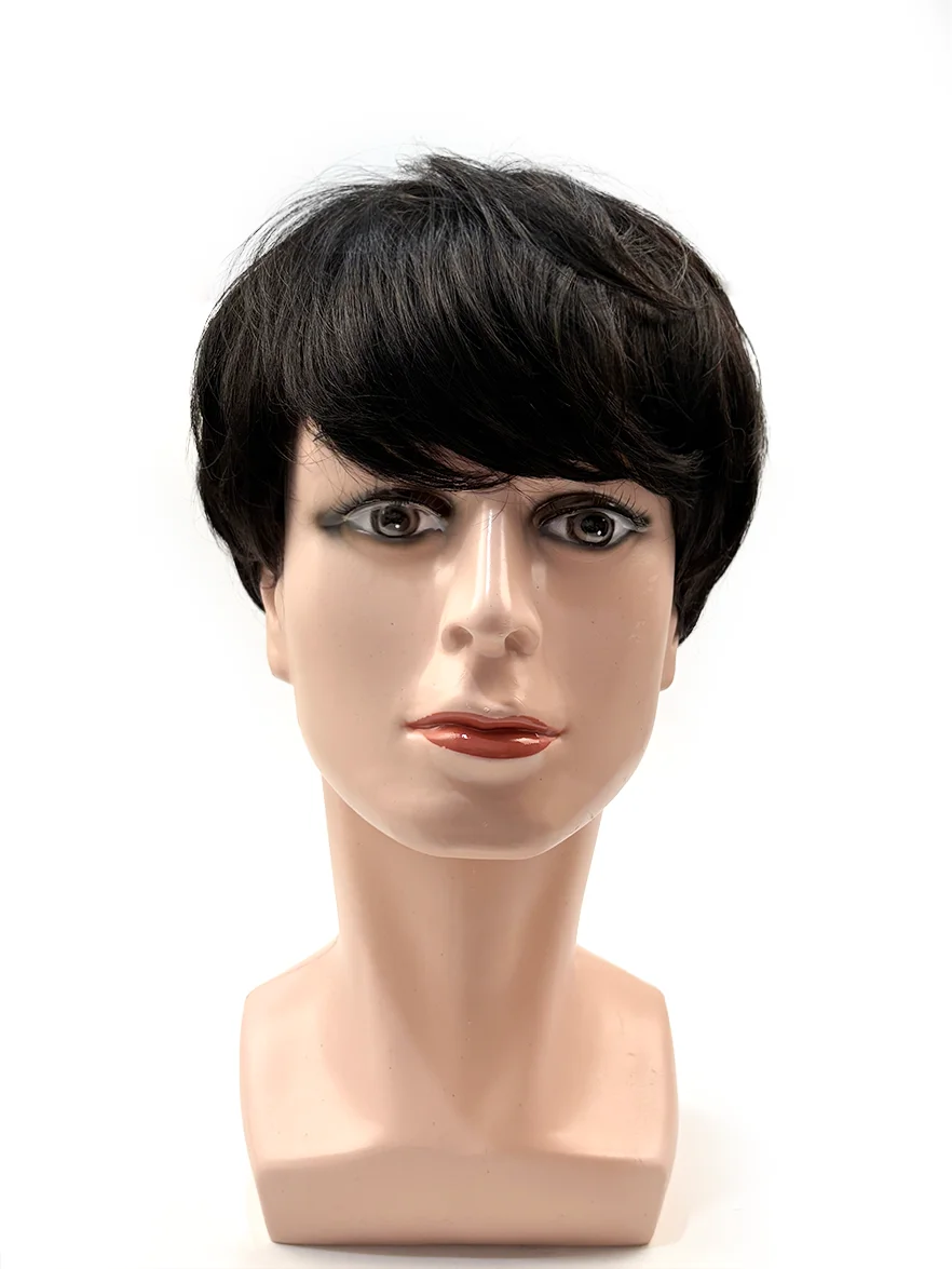 OCK 100% Human Hair Mens Full Wig, Short Cut With Bangs, Machine-Made, Elastic Cotton Cap Construction