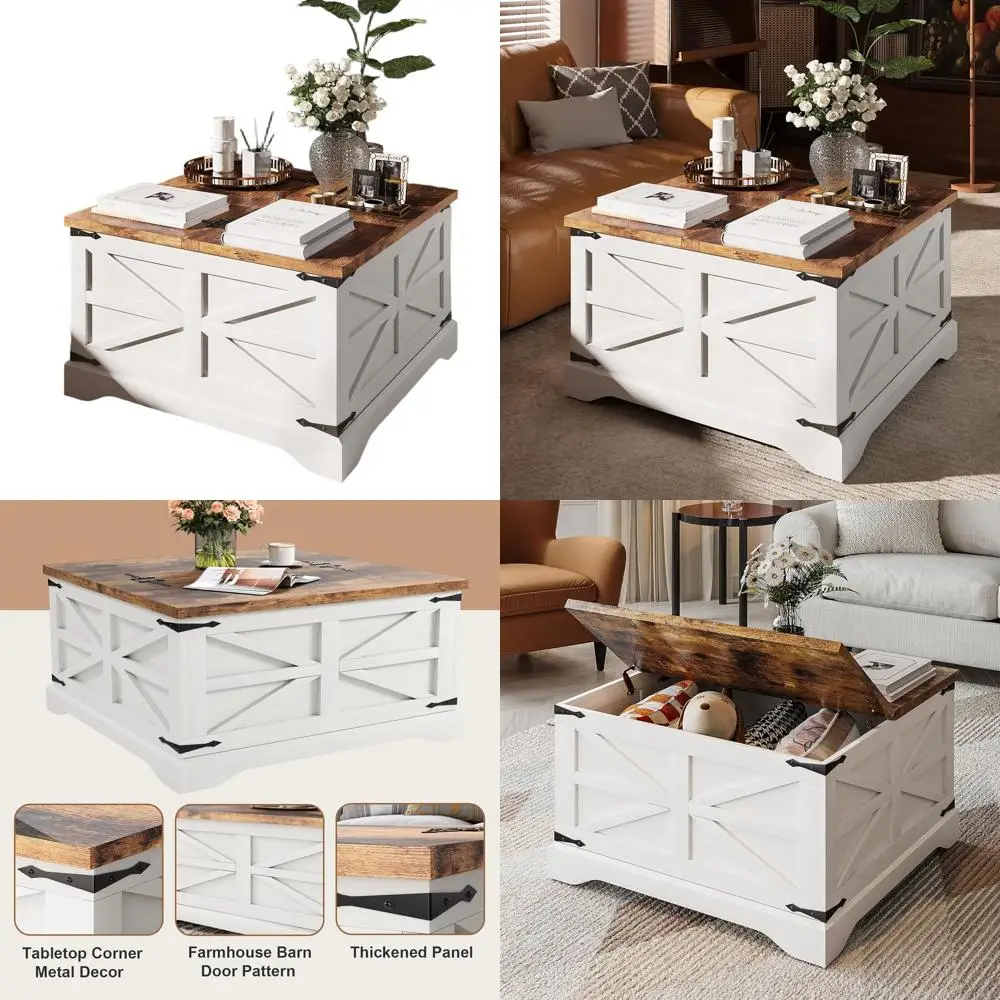 

White Rustic Square Coffee Table with Hinged Storage for Living Room