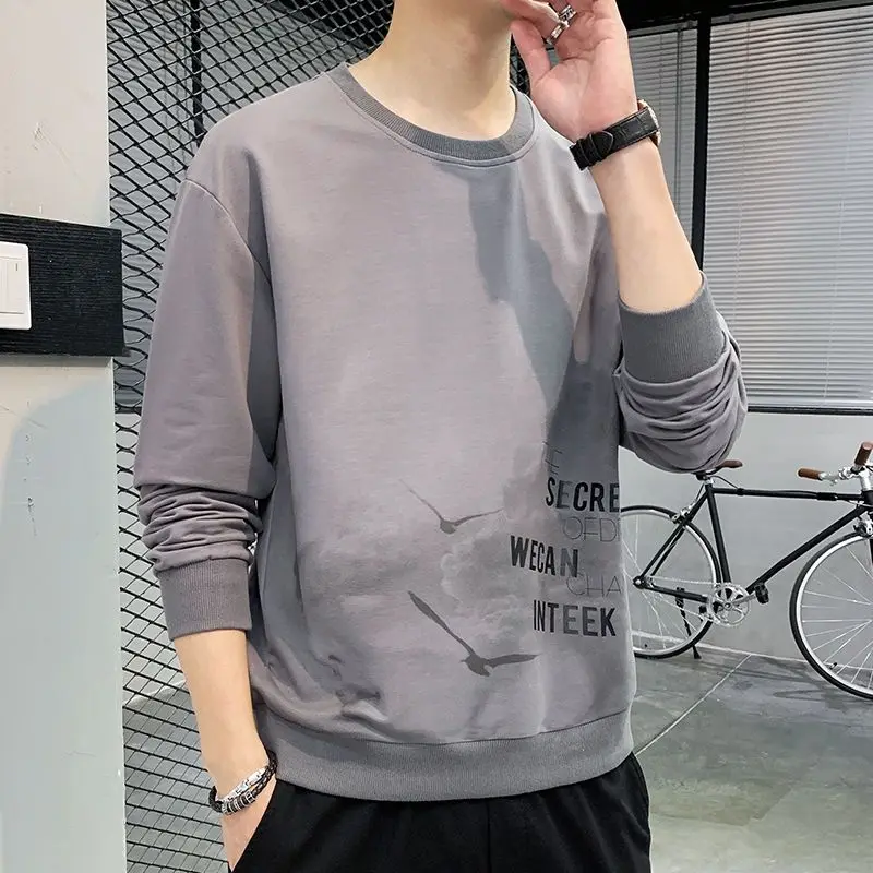 Camiseta masculina de manga comprida casual solta com gola redonda moletom básico