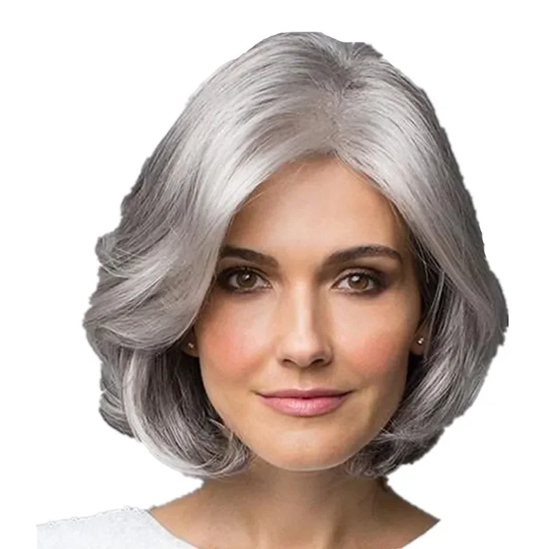 WHIMSICAL W-Perruques Synthétiques Courtes Ondulées Gris Argent Bob pour Femme, Aspect Naturel, Degré de Chaleur