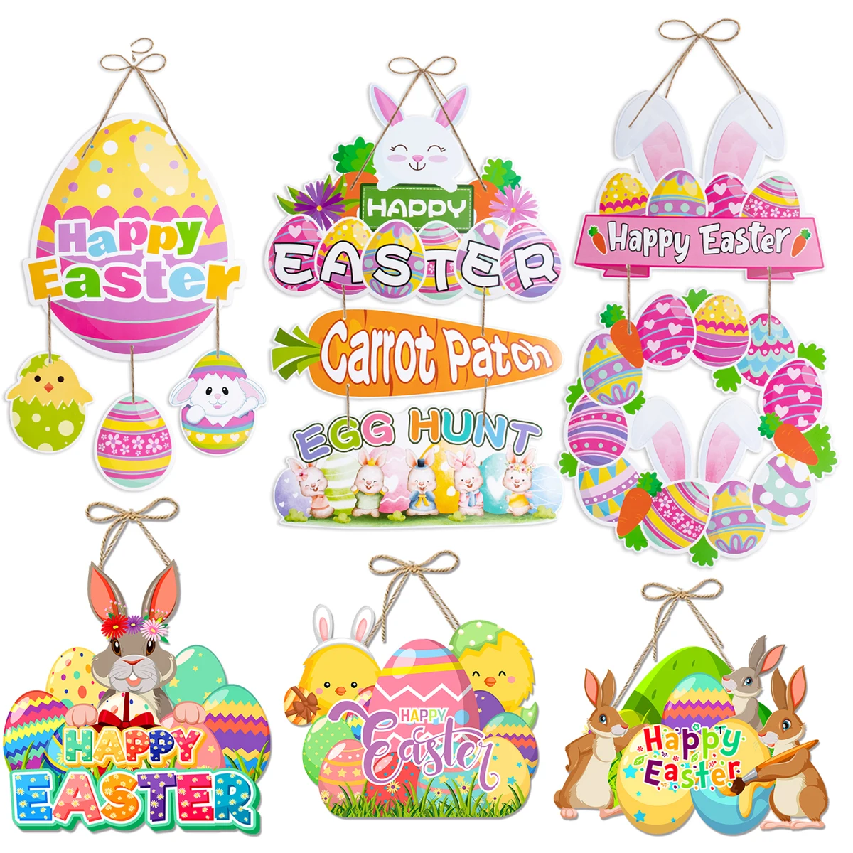 Happy Easter Decor Door Pendant Paper Rabbit Egg carrot Welcome Sign Hanging Ornament Easter egg hunt Spring Party Wall decor