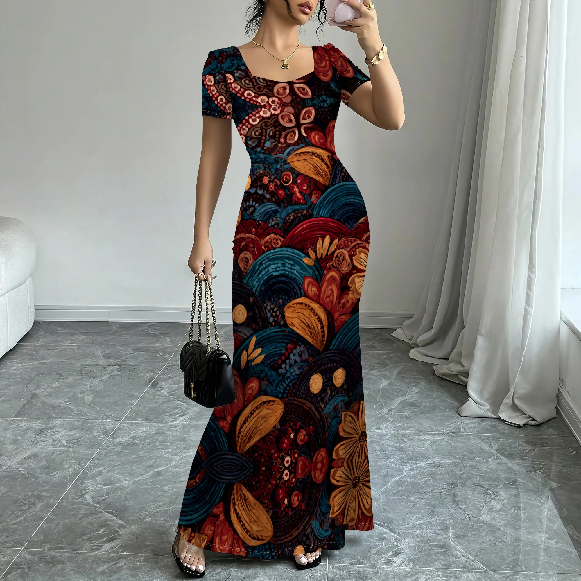 

Elegant Women's Bodycon Maxi Dress Square Neck Short Sleeve Bohemian Print Formal Evening Party Wedding Guest Dress XS-3XL