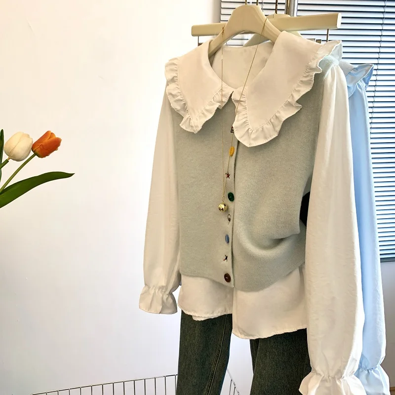 여성용 그레이 인형 칼라 셔츠 스웨터 투피스 세트 2000년대 하라주쿠 일본 Y2k 달콤한 귀여운 니트 조끼 크로 셰 뜨개질 셔츠 탑