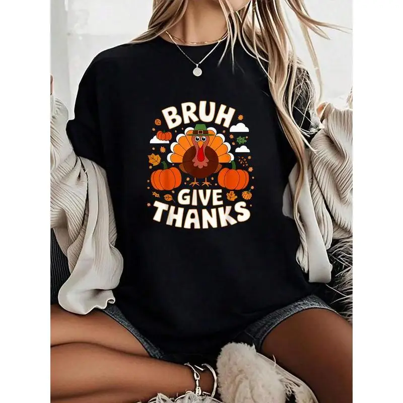 

"Funny Thanksgiving T Shirt Women Oversized Casual Turkey Graphic Tee Bruh Give Thanks Pumpkin Autumn Holiday Gift Top"