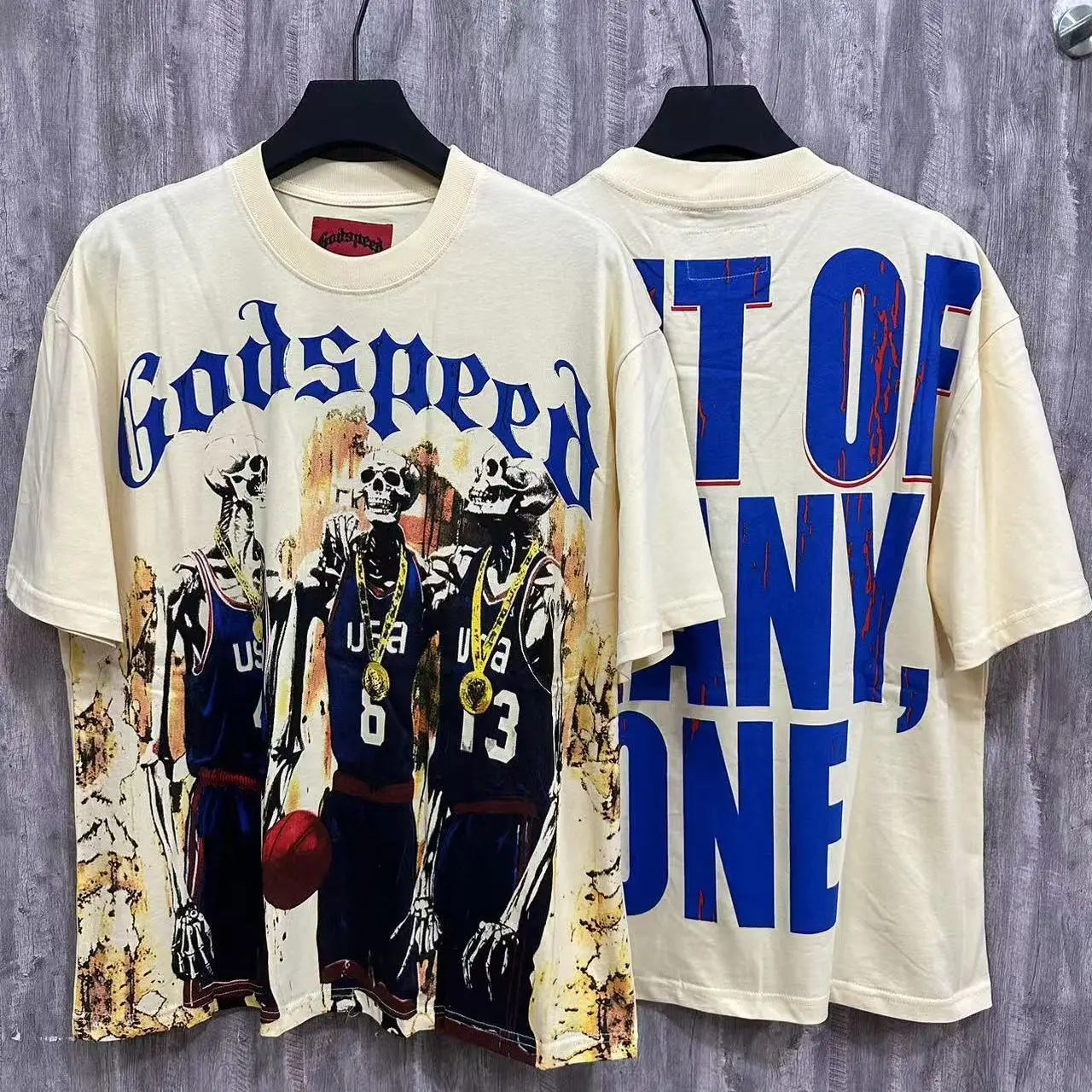 Godspeed American Style Skeleton Basketball Player Print Loose Cotton Short Sleeve T-Shirt Streetwear Casual Unisex Top