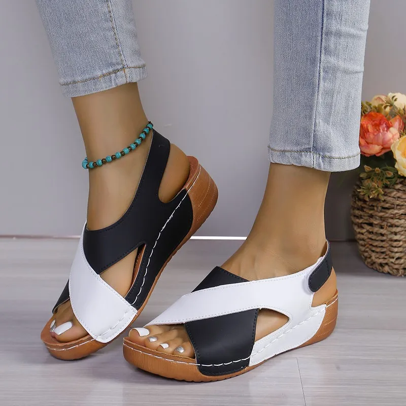 2024 New Fashion Women\'s Sandals Summer Retro Solid Color Thick Bottom Wedge Heel Open Toe Large Size Fish Mouth Sandals Zapatos