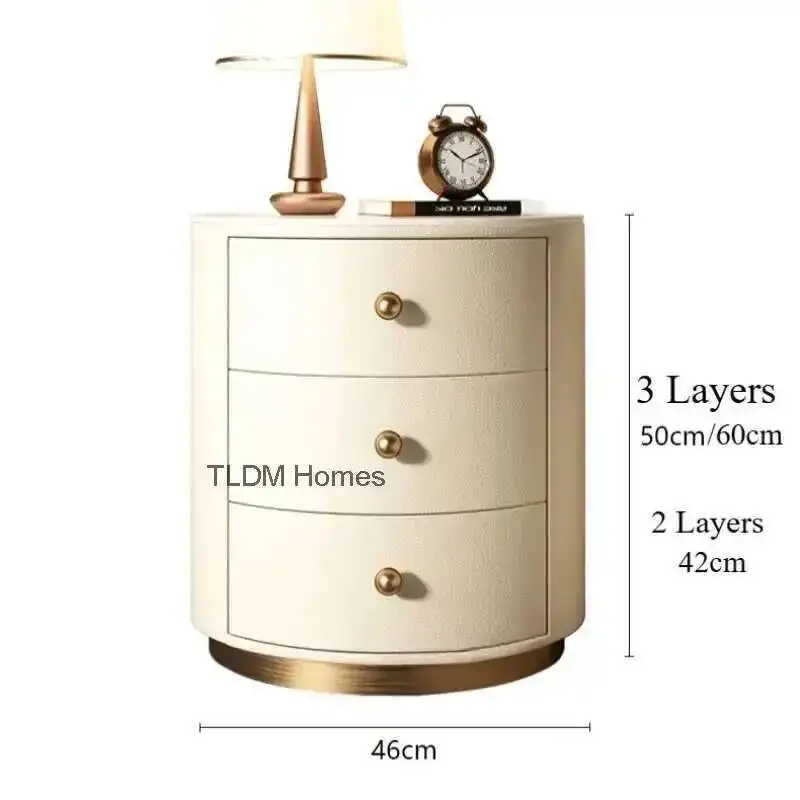 High-end Luxury Solid Leather Wood Bedside Tables Nightstands Round Design Bedroom Bedside Table Night Table Bedroom Furniture