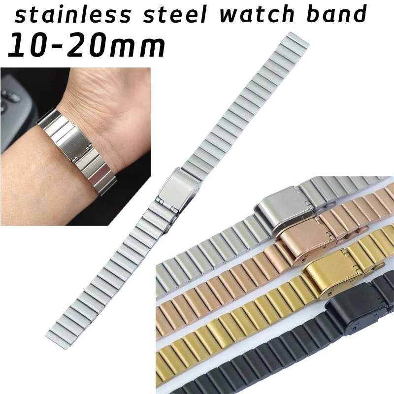 Slim Stainless Steel Watch Strap Bracelet 10 12 14 16mm 18mm 20mm One Bead Metal Watch Band Women Men Universal Wristband Belt