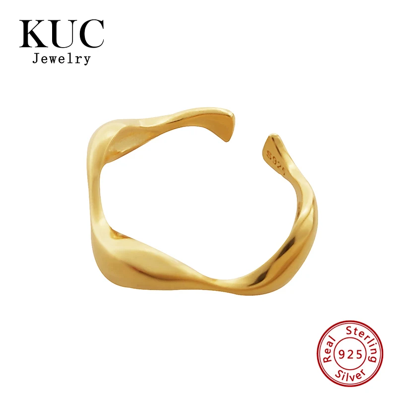

Classic Fine Jewelry Minimalist 925 Sterling Silver 18K Gold Plated Irregular Wave Adjustable Rings for Girls