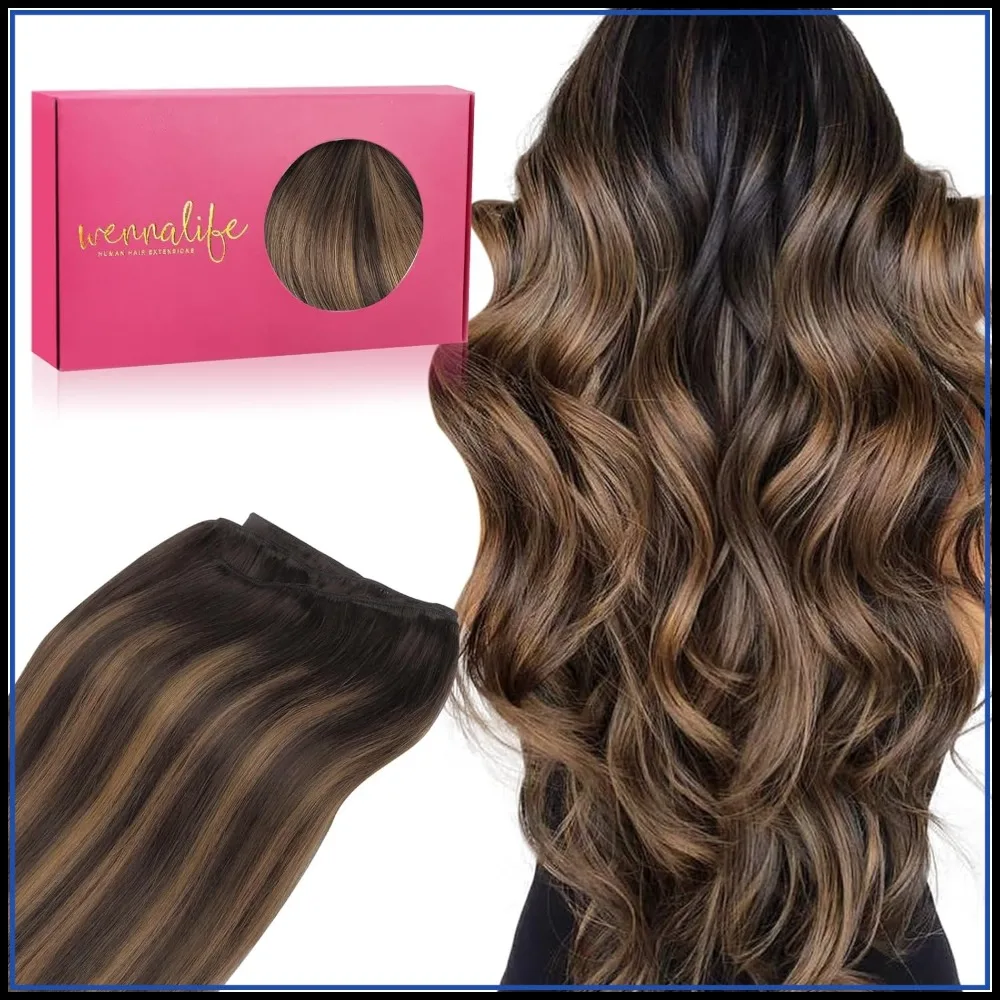 100g 20 inch Straight Sew in Weft Hair Extensions Real Human Hair Balayage Dark Brown to Chestnut Brown Machine Weft Remy Hair