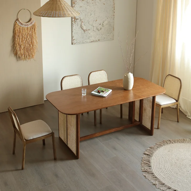 Solid Wood Rattan Dining Chair, Upholstered Seat & Vintage Style, Perfect for Living Room, Study & Restaurant