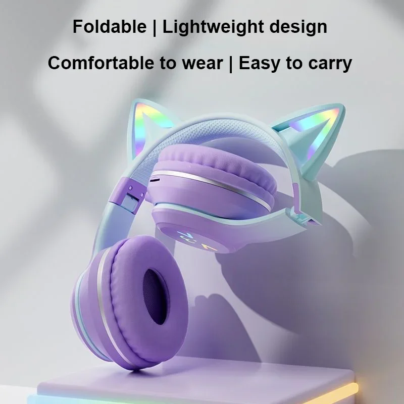 Novo gradiente-cor gato orelha fones de ouvido bluetooth sem fio estilo over-ear ideal para música telefone móvel com grande capacidade da bateria