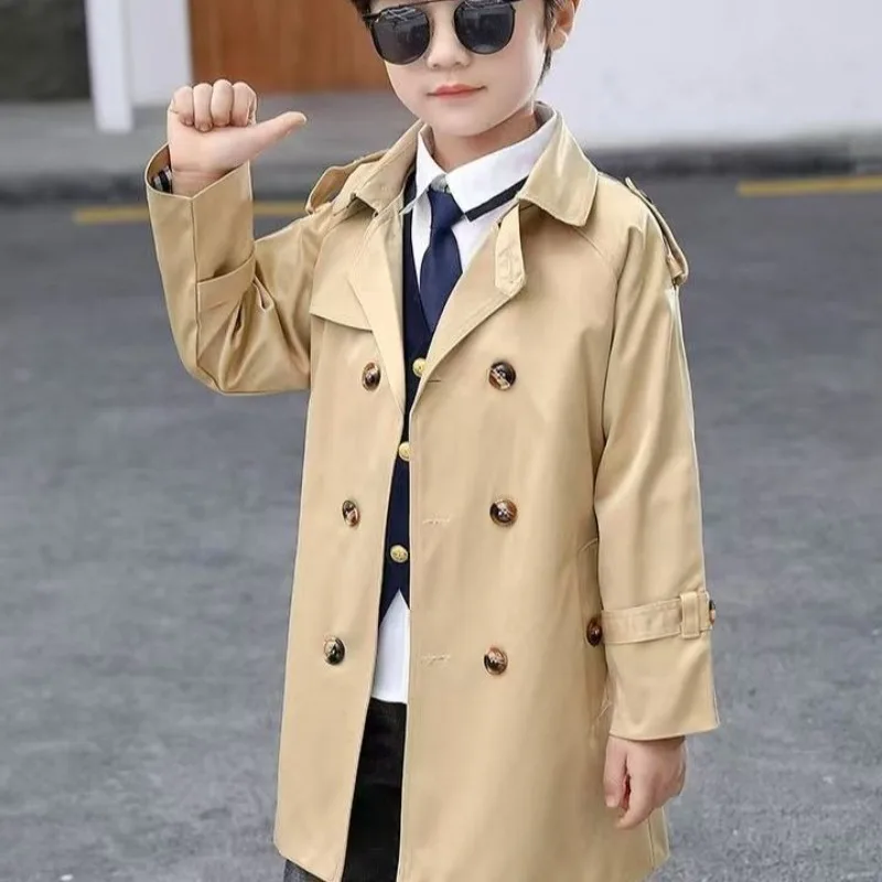 

2025 Spring Autumn Boys' Long Windbreaker Coat UK Style Korean Trendy Streetwear for Kids